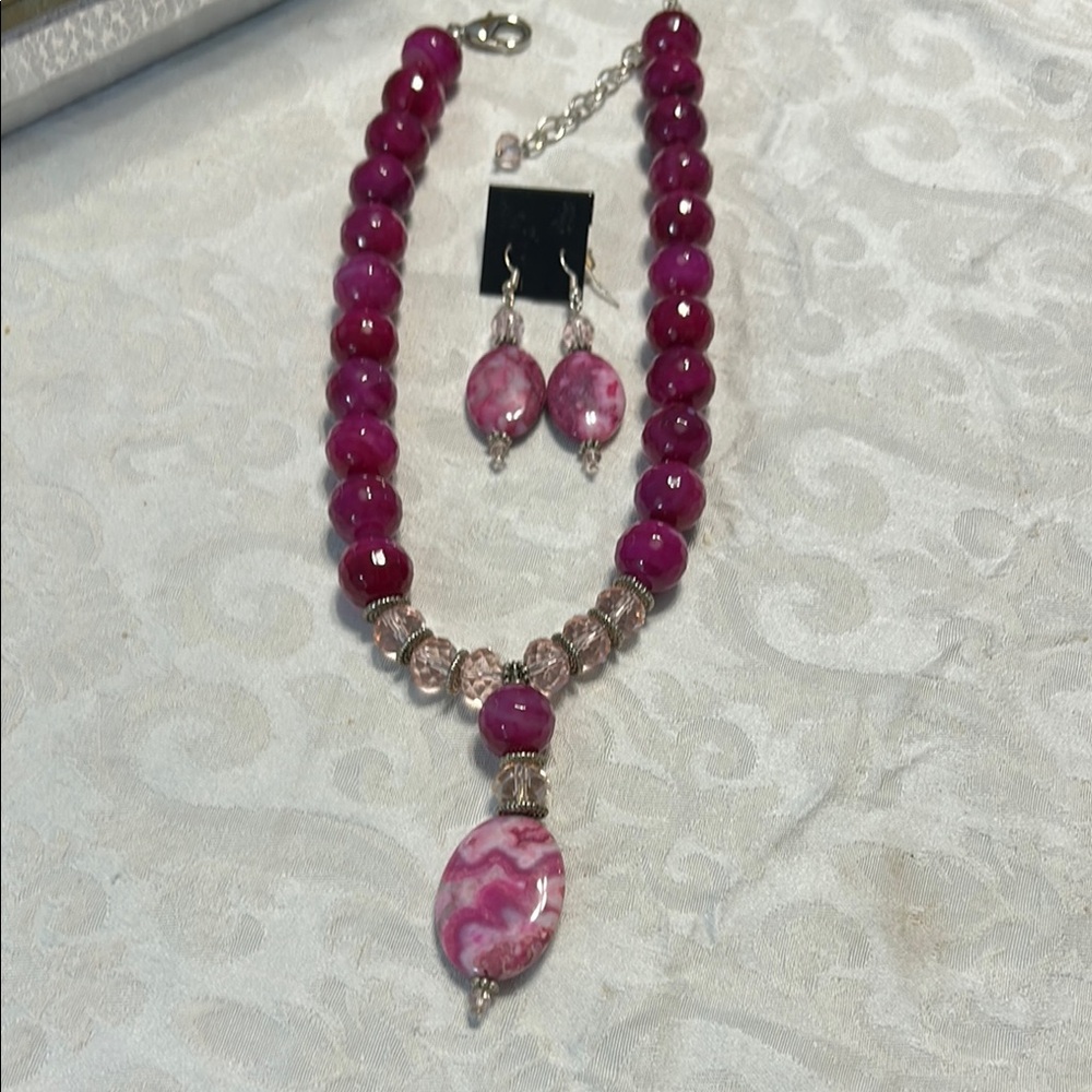 Original design from Bellavive Elegant Pink Jade Beaded Necklace and Earring Set
